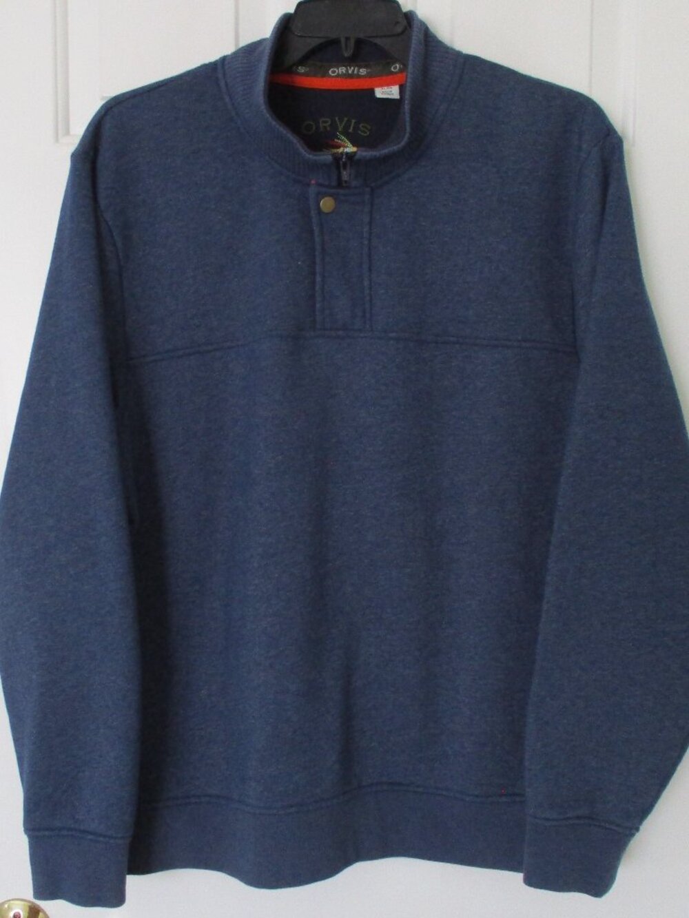 Orvis Mens L/S Blue Cotton/Poly Knit Fleece-lined 1/4 Zip & Snap Sweater - XL